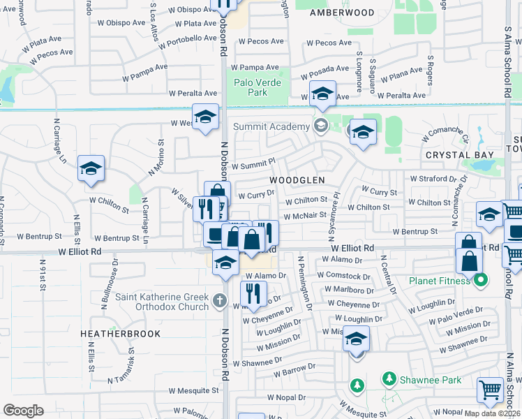 map of restaurants, bars, coffee shops, grocery stores, and more near 1800 West Elliot Road in Chandler