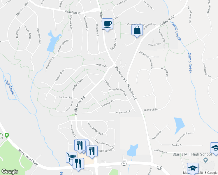 map of restaurants, bars, coffee shops, grocery stores, and more near 108 Linden Lane in Peachtree City