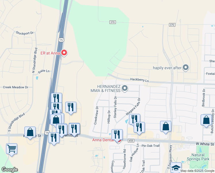 map of restaurants, bars, coffee shops, grocery stores, and more near 116 Hilltop Drive in Anna