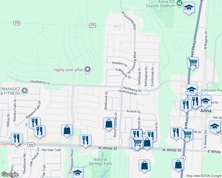 map of restaurants, bars, coffee shops, grocery stores, and more near 1136 Ainsworth Drive in Anna
