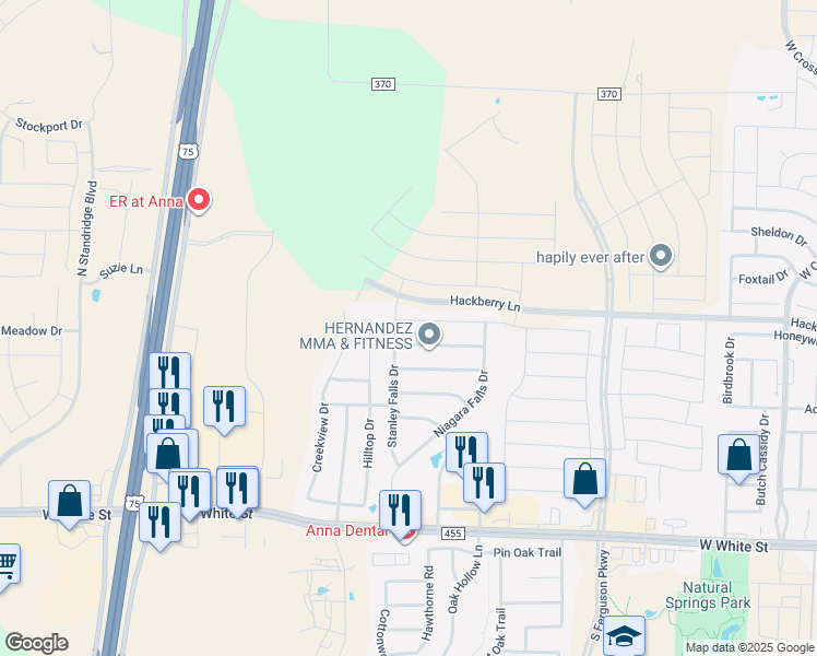 map of restaurants, bars, coffee shops, grocery stores, and more near 2125 Hanakoa Falls Drive in Anna