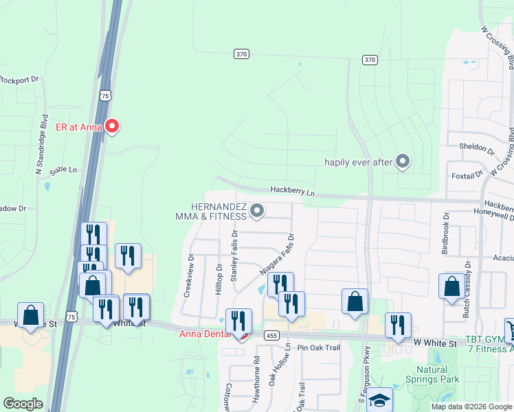 map of restaurants, bars, coffee shops, grocery stores, and more near 2041 Hanakoa Falls Drive in Anna