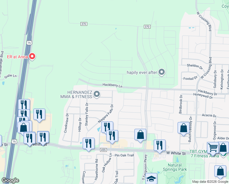 map of restaurants, bars, coffee shops, grocery stores, and more near 2005 Hanakoa Falls Drive in Anna