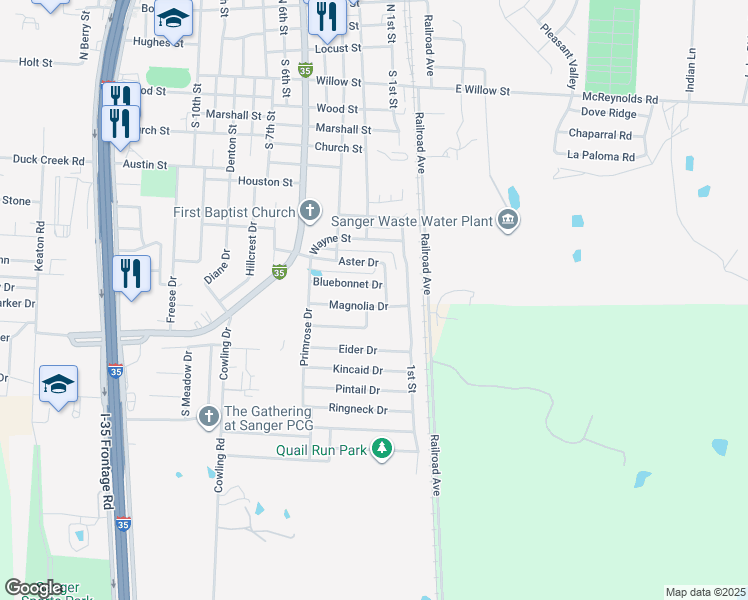 map of restaurants, bars, coffee shops, grocery stores, and more near 107 Eider Drive in Sanger