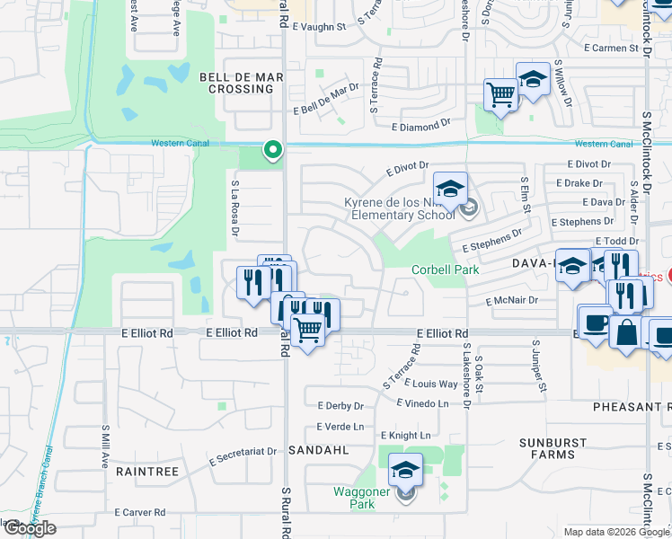map of restaurants, bars, coffee shops, grocery stores, and more near 988 East McNair Drive in Tempe