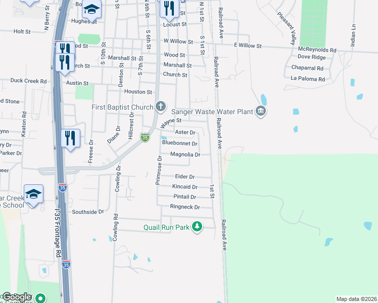 map of restaurants, bars, coffee shops, grocery stores, and more near 123 Morning Glory Drive in Sanger
