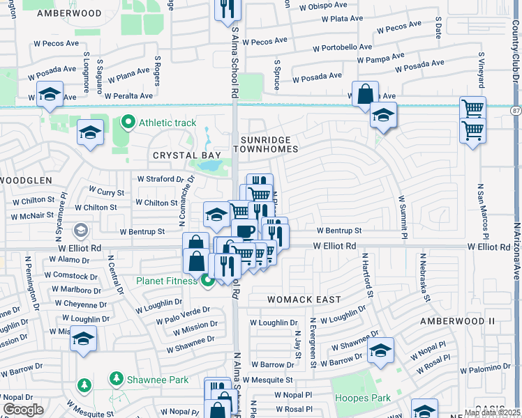 map of restaurants, bars, coffee shops, grocery stores, and more near 3029 North Alma School Road in Chandler