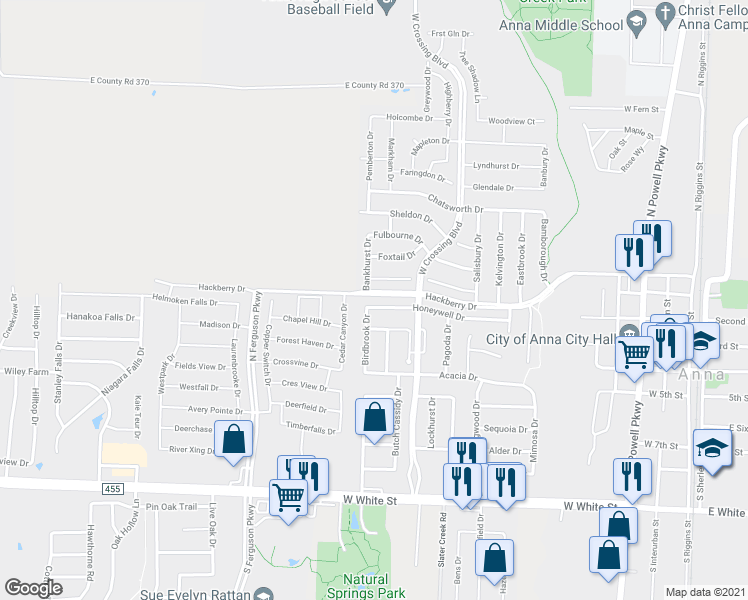 map of restaurants, bars, coffee shops, grocery stores, and more near 1140 Honeywell Drive in Anna