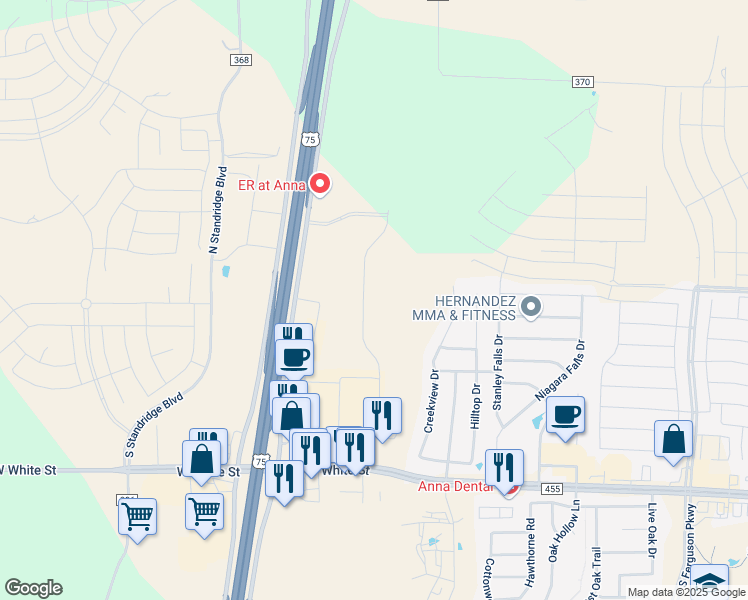 map of restaurants, bars, coffee shops, grocery stores, and more near 151 Buddy Hayes Boulevard in Anna