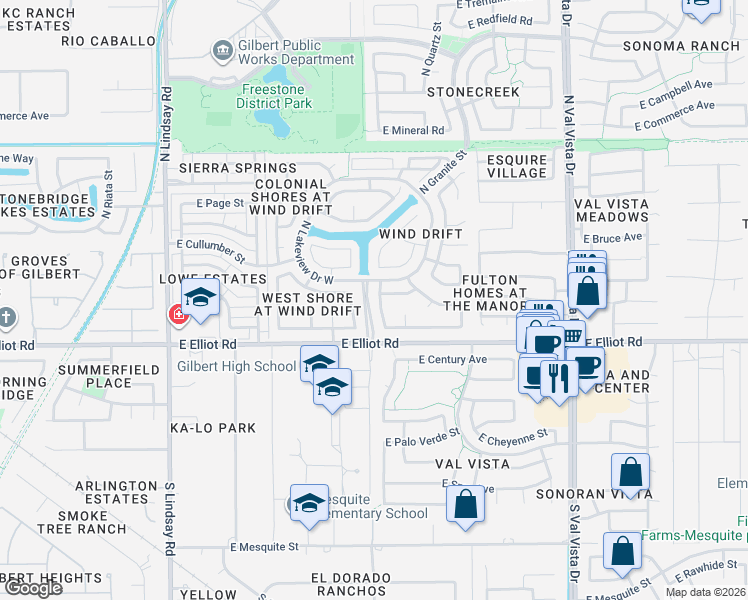 map of restaurants, bars, coffee shops, grocery stores, and more near 1210 East Washington Avenue in Gilbert