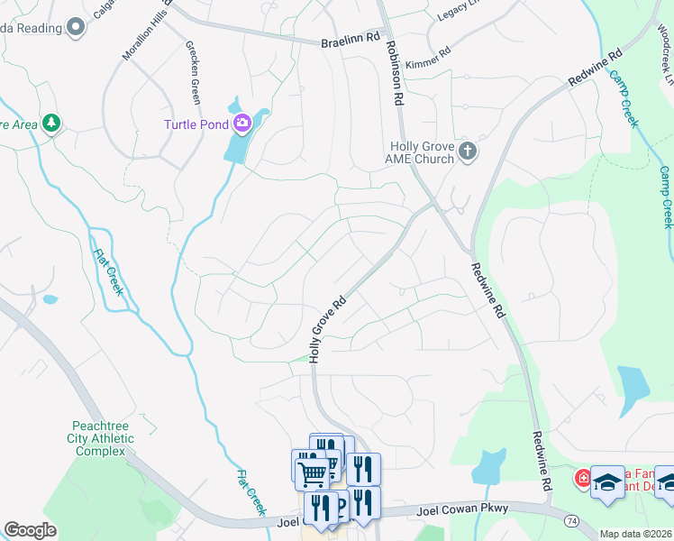 map of restaurants, bars, coffee shops, grocery stores, and more near 208 Ruskin Road in Peachtree City