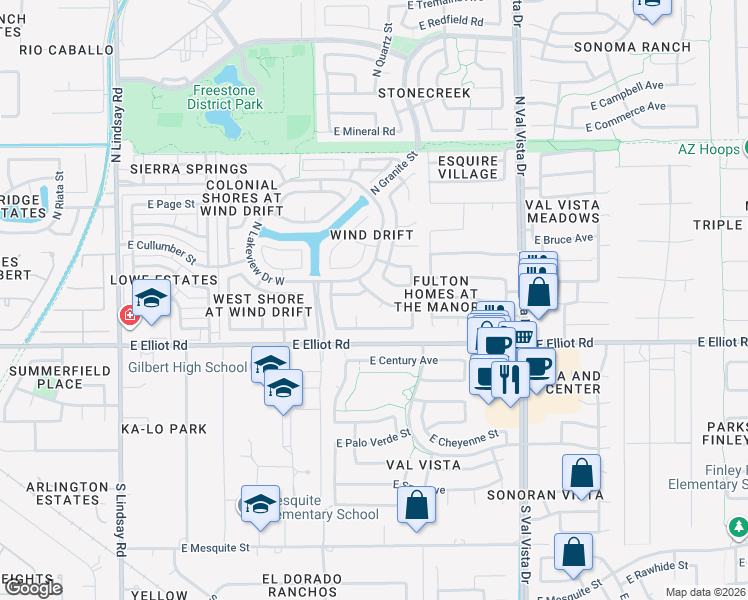 map of restaurants, bars, coffee shops, grocery stores, and more near 1304 East Washington Avenue in Gilbert