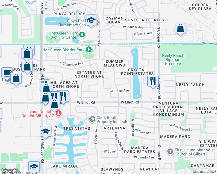 map of restaurants, bars, coffee shops, grocery stores, and more near 72 North Velma Drive in Gilbert