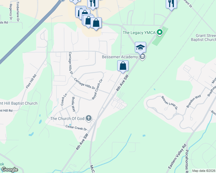 map of restaurants, bars, coffee shops, grocery stores, and more near 290 McCalla Road in Bessemer