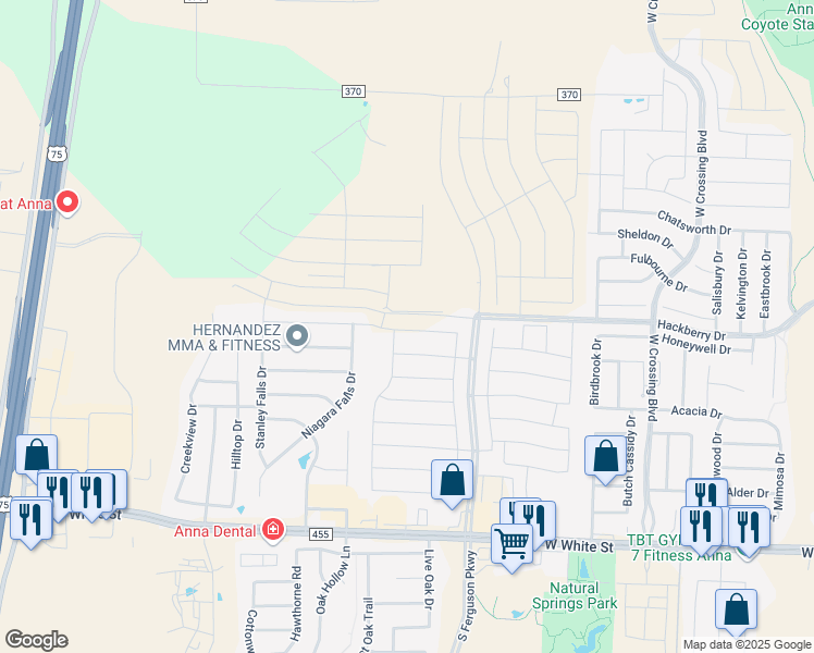 map of restaurants, bars, coffee shops, grocery stores, and more near 1606 Stonefield Drive in Anna