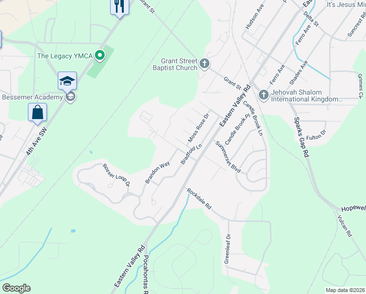 map of restaurants, bars, coffee shops, grocery stores, and more near 1700 Bradford Lane in Bessemer