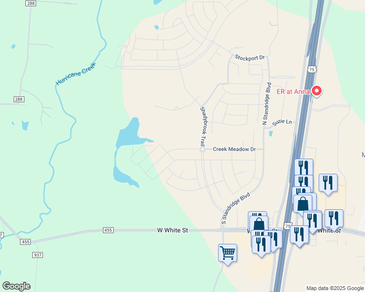 map of restaurants, bars, coffee shops, grocery stores, and more near 3224 Creek Meadow Drive in Anna