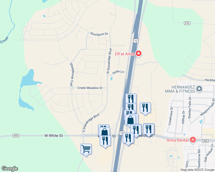 map of restaurants, bars, coffee shops, grocery stores, and more near 10398 County Road 368 in Anna