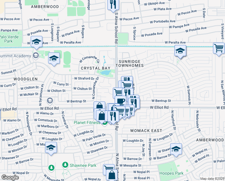 map of restaurants, bars, coffee shops, grocery stores, and more near in Chandler