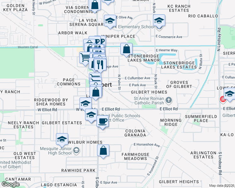 map of restaurants, bars, coffee shops, grocery stores, and more near 111 East Park Avenue in Gilbert
