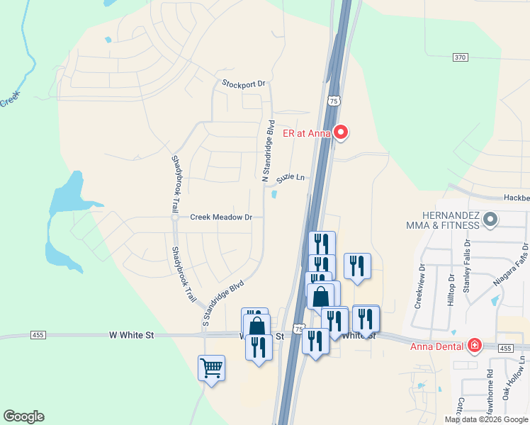 map of restaurants, bars, coffee shops, grocery stores, and more near 125 South Standridge Boulevard in Anna
