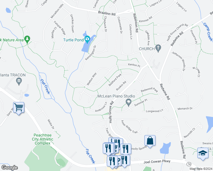 map of restaurants, bars, coffee shops, grocery stores, and more near 811 Bedford Park in Peachtree City