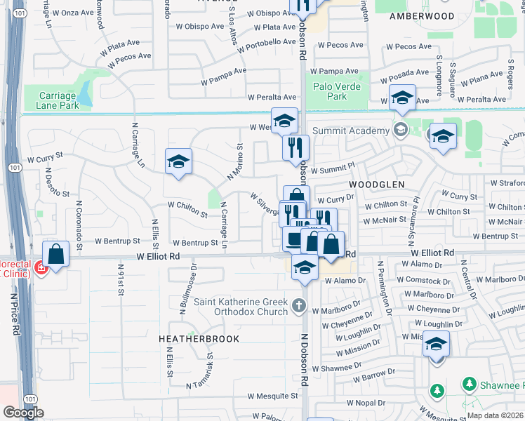 map of restaurants, bars, coffee shops, grocery stores, and more near 2110 West Silvergate Drive in Chandler