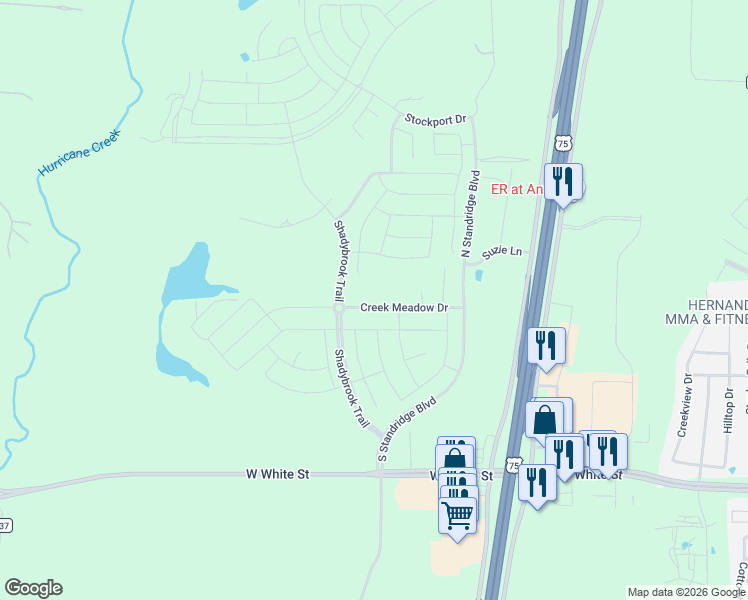 map of restaurants, bars, coffee shops, grocery stores, and more near 3128 Creek Meadow Drive in Anna
