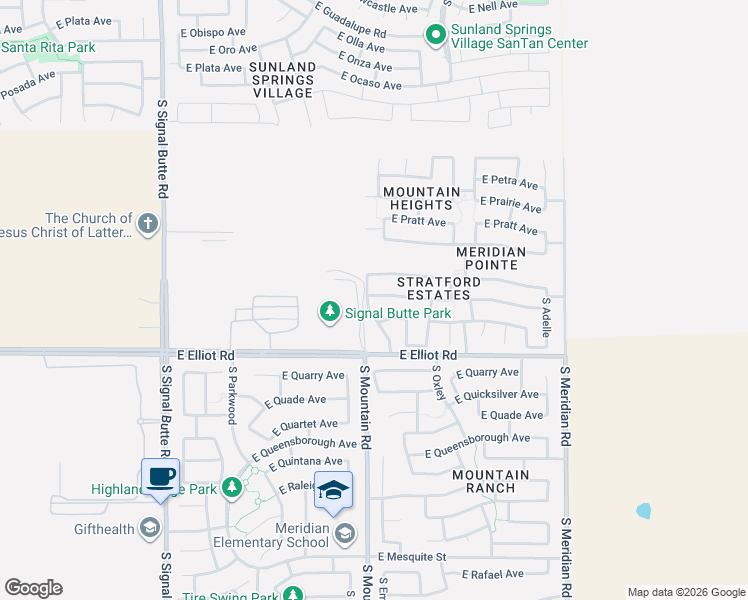 map of restaurants, bars, coffee shops, grocery stores, and more near 11205 East Persimmon Avenue in Mesa