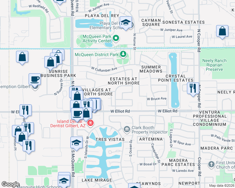 map of restaurants, bars, coffee shops, grocery stores, and more near 1275 West Windhaven Avenue in Gilbert