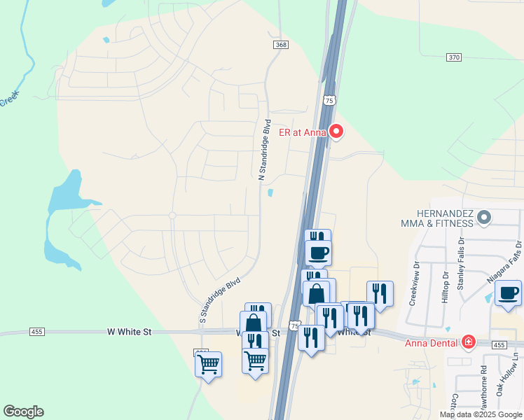 map of restaurants, bars, coffee shops, grocery stores, and more near 10398 County Road 368 in Anna