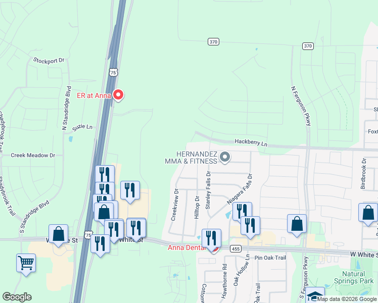 map of restaurants, bars, coffee shops, grocery stores, and more near 104 Hilltop Drive in Anna