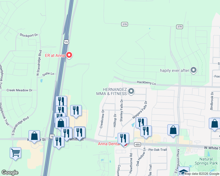 map of restaurants, bars, coffee shops, grocery stores, and more near 104 Hilltop Drive in Anna