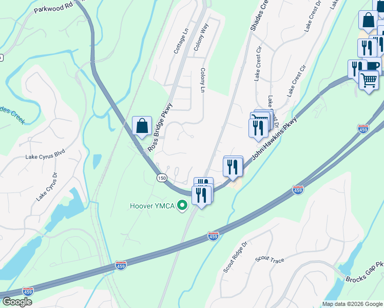 map of restaurants, bars, coffee shops, grocery stores, and more near 1200 Deer Trail Road in Birmingham