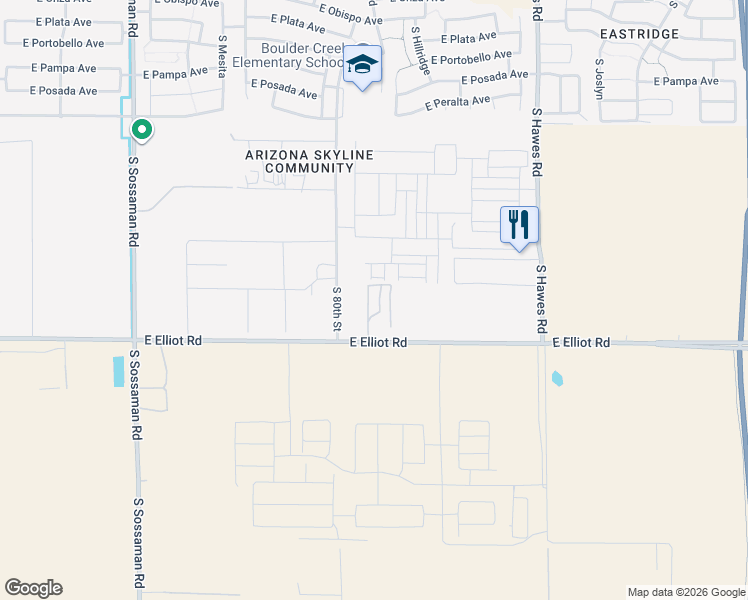 map of restaurants, bars, coffee shops, grocery stores, and more near 8018 East Elliot Road in Mesa