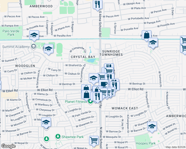 map of restaurants, bars, coffee shops, grocery stores, and more near Unnamed Road in Chandler
