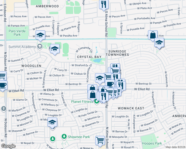 map of restaurants, bars, coffee shops, grocery stores, and more near Unnamed Road in Chandler