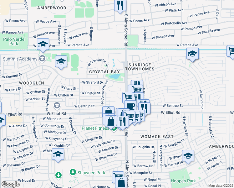 map of restaurants, bars, coffee shops, grocery stores, and more near 1126 West Elliot Road in Chandler
