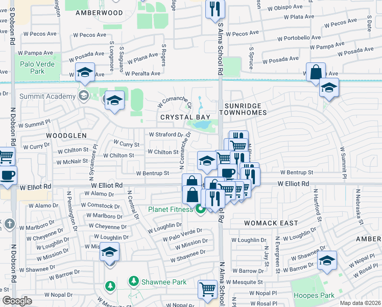 map of restaurants, bars, coffee shops, grocery stores, and more near 1126 West Elliot Road in Chandler