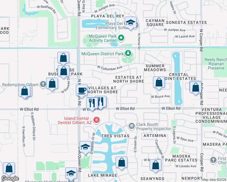 map of restaurants, bars, coffee shops, grocery stores, and more near 110 North Ocean Drive in Gilbert