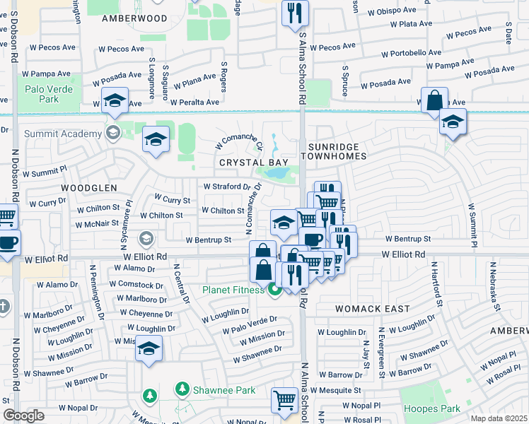 map of restaurants, bars, coffee shops, grocery stores, and more near Unnamed Road in Chandler