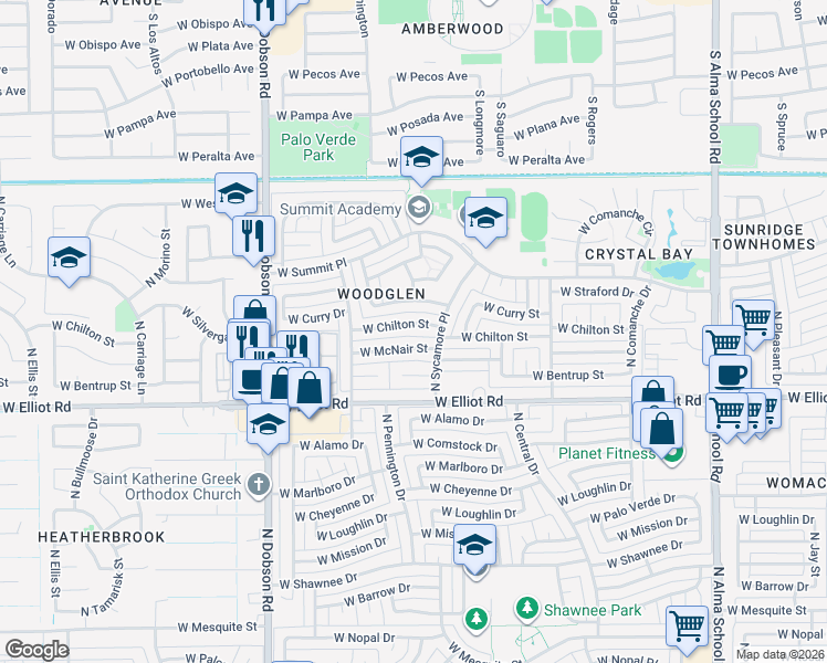 map of restaurants, bars, coffee shops, grocery stores, and more near 1609 West Curry Drive in Chandler