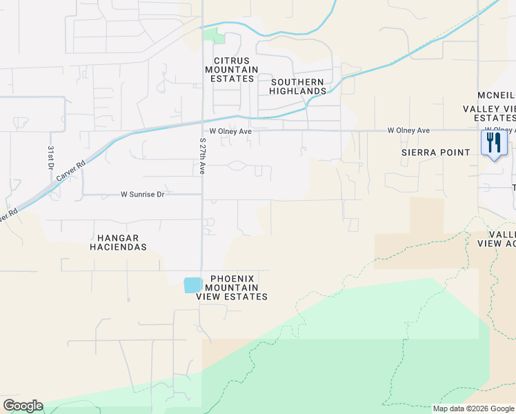 map of restaurants, bars, coffee shops, grocery stores, and more near 2512 West Sunrise Drive in Phoenix