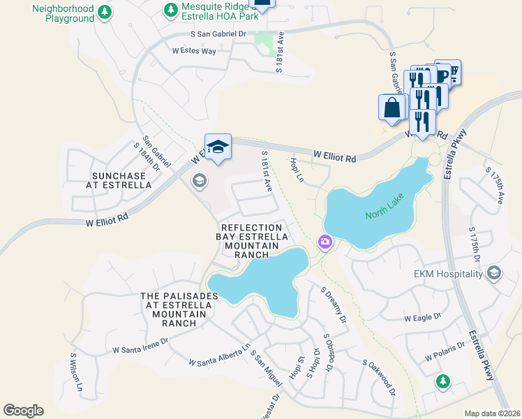 map of restaurants, bars, coffee shops, grocery stores, and more near 18152 West Canyon Lane in Goodyear
