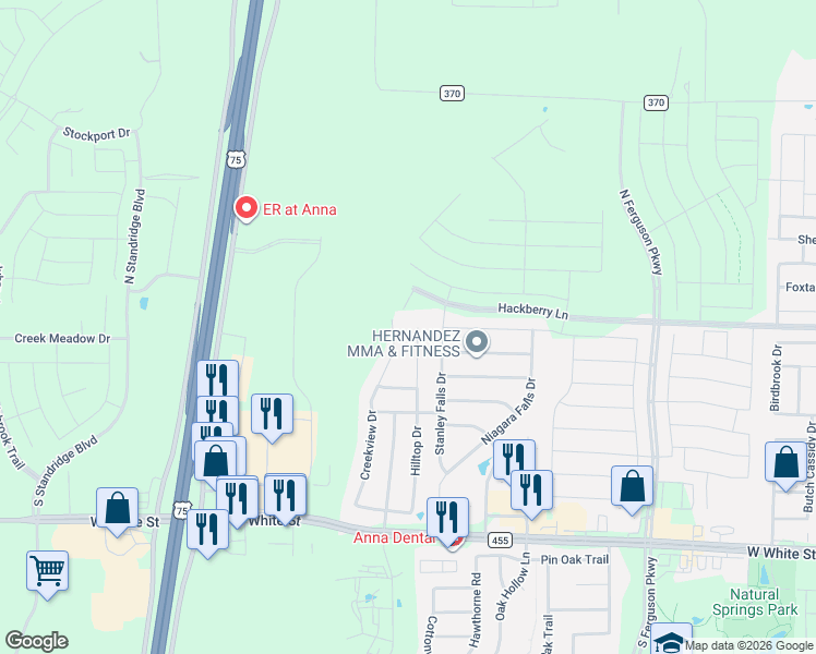 map of restaurants, bars, coffee shops, grocery stores, and more near 104 Hilltop Drive in Anna