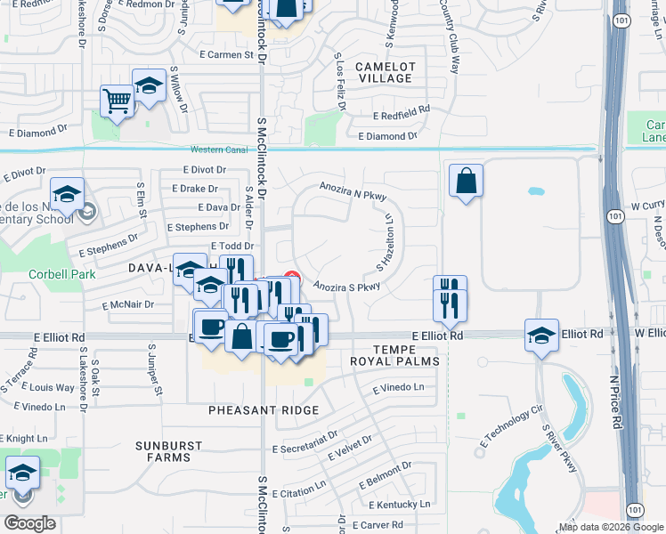 map of restaurants, bars, coffee shops, grocery stores, and more near 1890 East Oasis Drive in Tempe