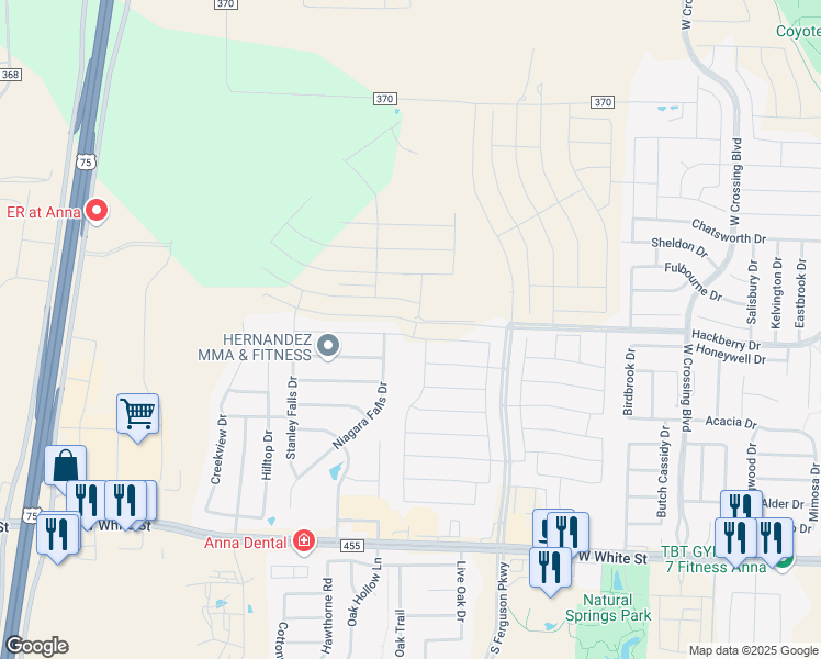 map of restaurants, bars, coffee shops, grocery stores, and more near 1988 Helmoken Falls Drive in Anna