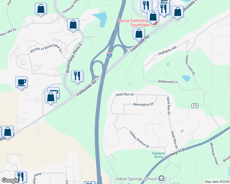 map of restaurants, bars, coffee shops, grocery stores, and more near 6565 Quail Run Drive in Pelham