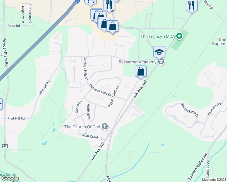 map of restaurants, bars, coffee shops, grocery stores, and more near 4 Royal Coach Circle in Bessemer