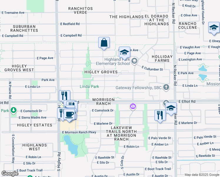 map of restaurants, bars, coffee shops, grocery stores, and more near 3549 East Linda Lane in Gilbert